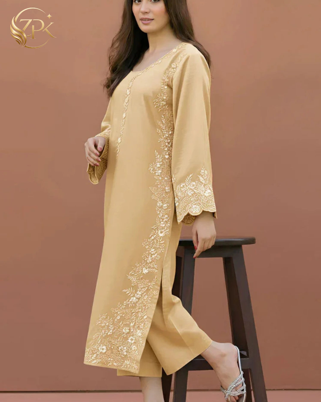 LAJWANTI-2PC LAWN EMBROIDERED SHIRT WITH EMBROIDRED SLEEVES & DYED TROUSER-ZPK-214