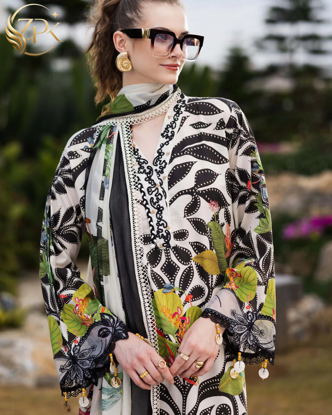 MARIA.B-3PC LAWN DIGITAL PRINTED EMB SHIRT WITH SILK PRINTED DUPATTA AND DYED TROUSER-ZPK-047