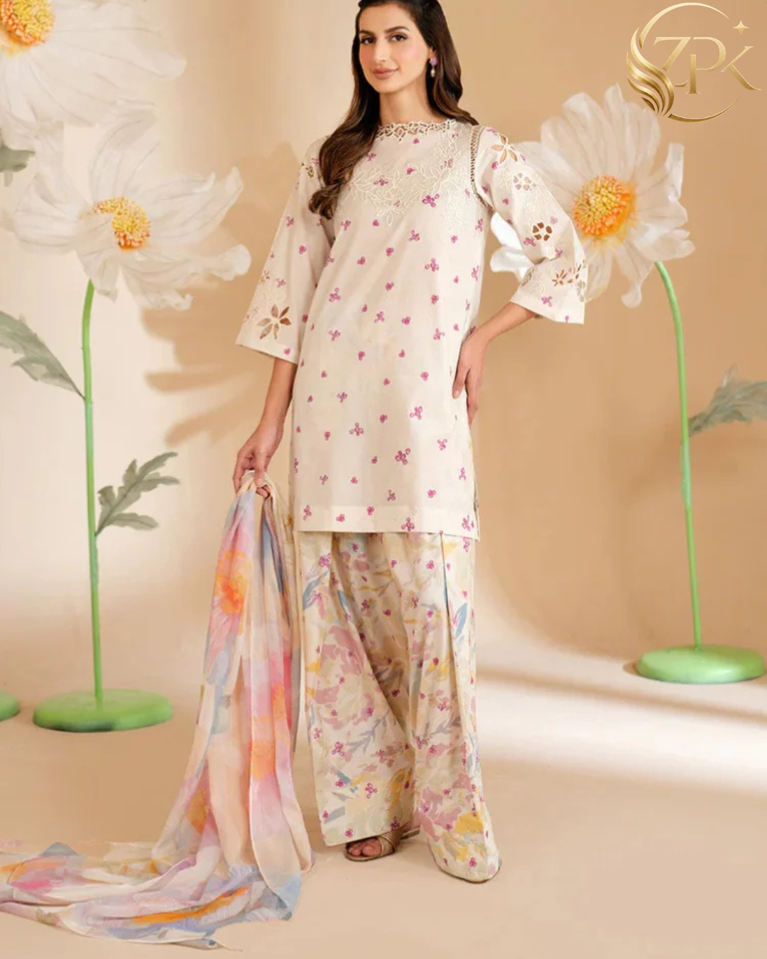 IZNIK-3PC LAWN PRINTED EMB SHIRT WITH SILK PRINTED DUPATTA AND PRINTED TROUSER-ZPK-052