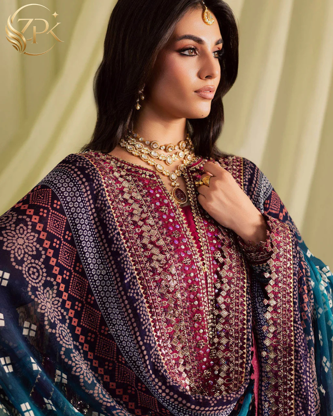 NUREH-3PC LAWN DIGITAL PRINTED EMBROIDERED SHIRT WITH CHUNRI PRINTED EMB DUPATTA AND DYED TROUSER-ZPK-018