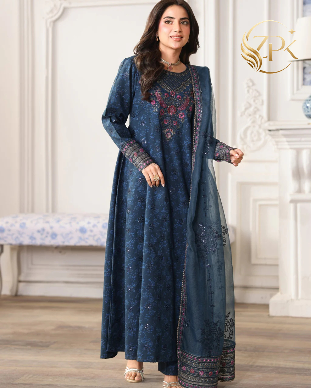 MOHAGNI-3PC LAWN PRINTED EMBROIDERED SHIRT WITH PRINT TROUSER AND ORGANZA EMBROIDERED DUPATTA -ZPK-004