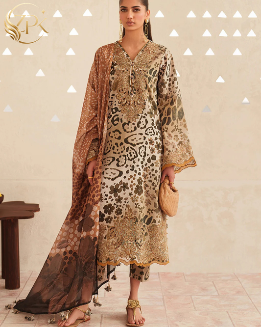 BAROQUE-3PC LAWN DIGITAL PRINTED EMB SHIRT WITH SILK PRINTED DUPATTA AND PRINTED TROUSER-ZPK-023